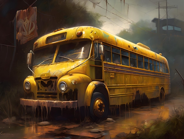 Una ilustración de autobús oxidada y abandonada