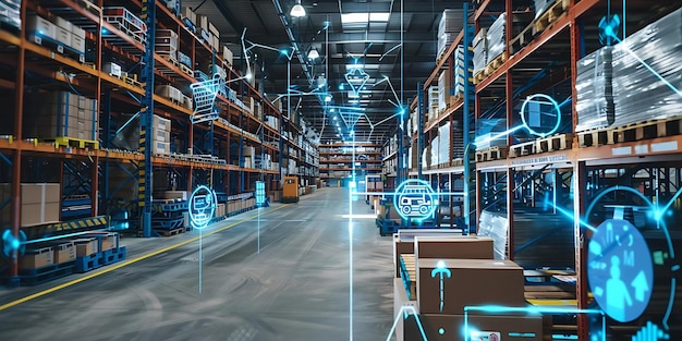 Ilustración de automatización de almacenes con superposiciones digitales