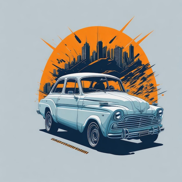 Una ilustración de un automóvil azul con el horizonte de una ciudad al fondo.