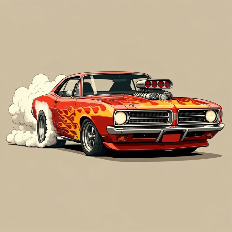 Ilustración de un automóvil de músculo rojo en llamas haciendo un agotamiento