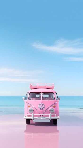 Foto ilustración de automóviles modernos de color rosa: campervan, camper van, cameraman, automóvil de viaje, automóvil de fondo, automóvil de verano.