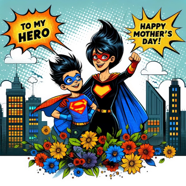 Foto ilustración de aventura urbana en estilo superhéroe para el día de la madre