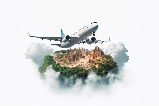 Ilustración de avión 3D aislado en fondo blanco con paisaje