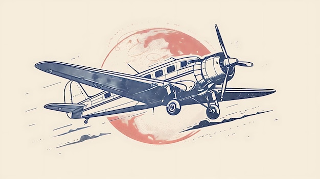Una ilustración de un avión antiguo con un globo rojo en el fondo El avión es azul y tiene una sola hélice