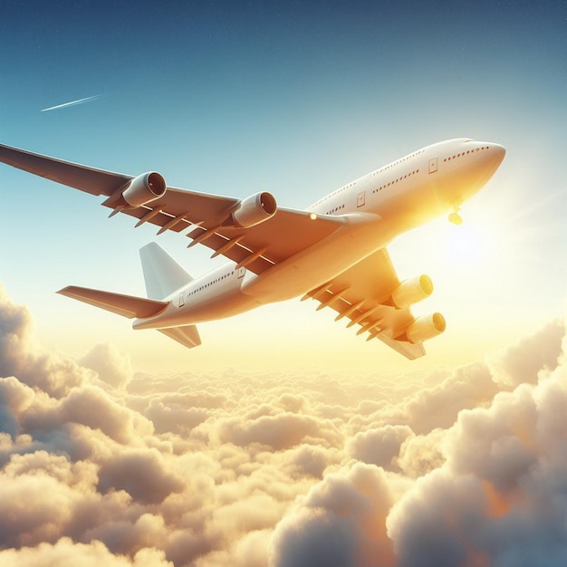 Ilustración de un avión moderno con fondo nublado