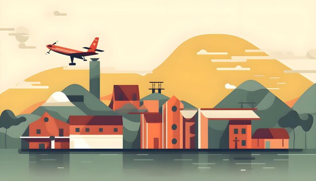 Una ilustración de un avión volando sobre una ciudad.