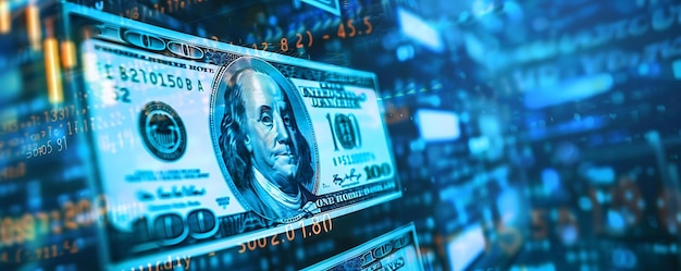 Ilustración azul y amarilla de billetes de dólares estadounidenses con números en el fondo
