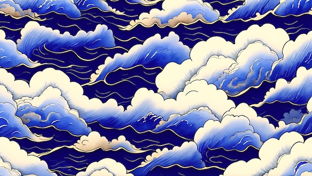 Una ilustración azul y blanca de nubes en el cielo.