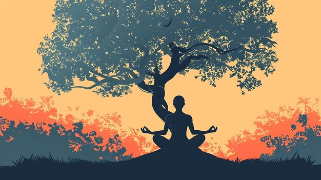 Foto ilustración azul y naranja de una persona meditando bajo un árbol la persona está sentada en posición de piernas cruzadas con los ojos cerrados