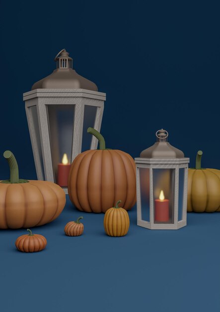 Ilustración azul oscuro otoño otoño exhibición de productos temáticos de Halloween calabazas linternas velas