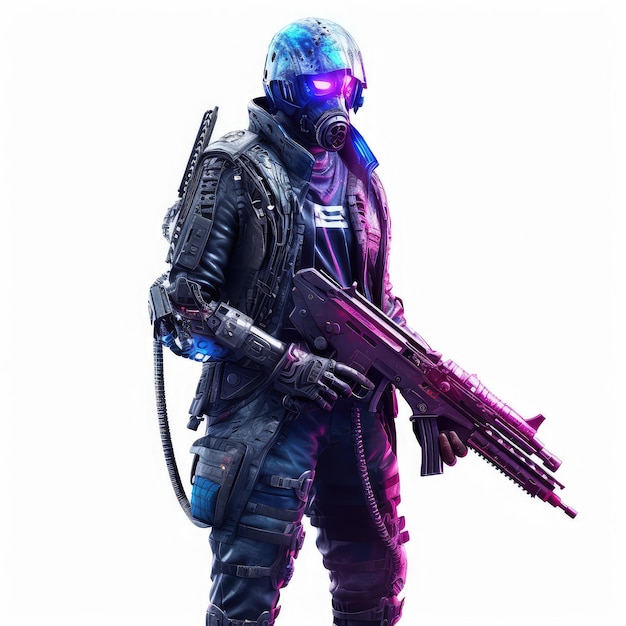 Foto ilustración azul púrpura guerrero cyberpunk pistolero con un arma