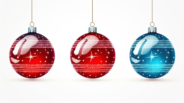 Foto ilustración azul y roja de adornos de bolas de navidad colgando contra un fondo aislado ia generativa