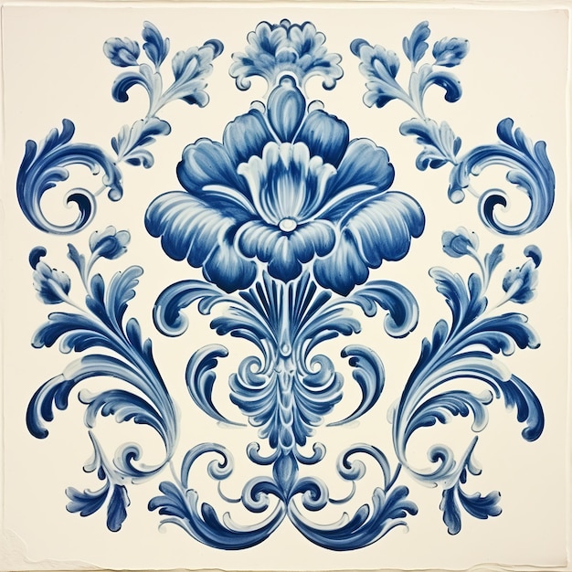 Ilustración de un azulejo vintage de Delft sobre fondo blanco azul