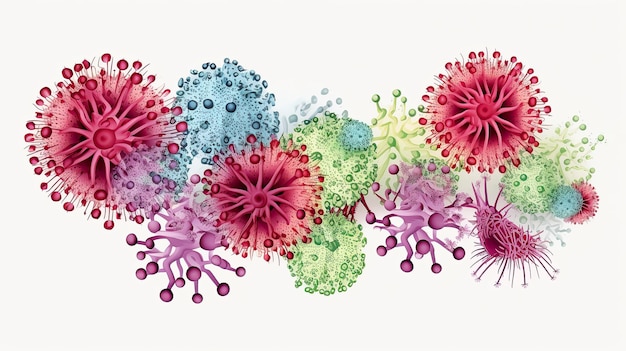 Ilustración de bacterias coloridas en fondo blanco Infección por virus respiratorio Virus de la corona