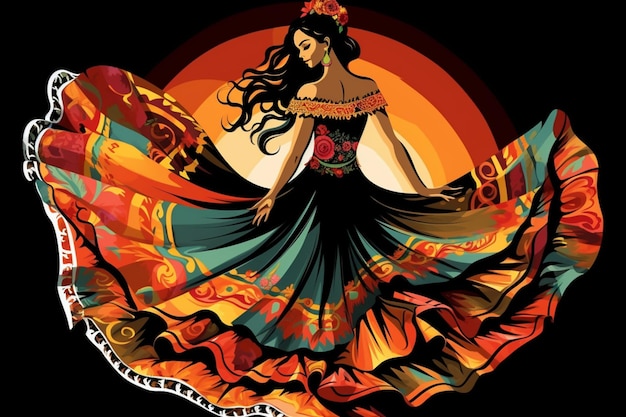 Ilustración de una bailarina con ropa tradicional mexicana