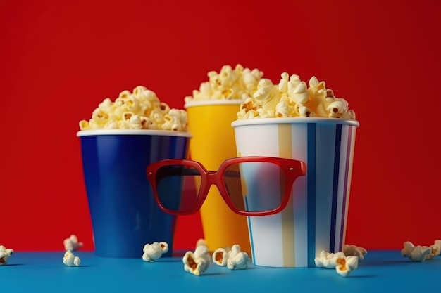 Foto ilustración de un balde lleno de cine de palomitas de maíz y concepto de entretenimiento ia generativa