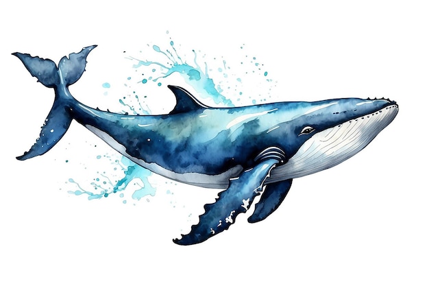 Ilustración de una ballena acuarela sobre un fondo blanco