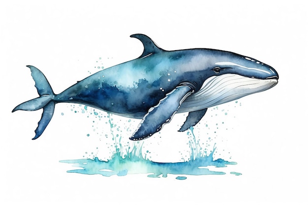 Ilustración de una ballena acuarela sobre un fondo blanco