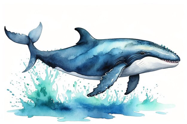 Ilustración de una ballena acuarela sobre un fondo blanco