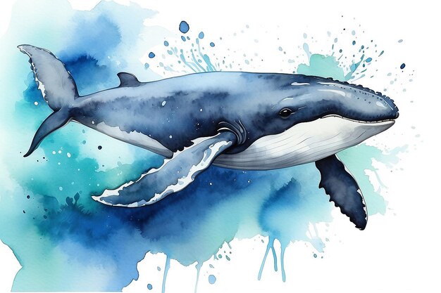 Ilustración de una ballena acuarela sobre un fondo blanco