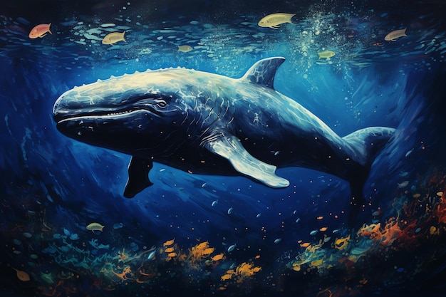 Ilustración de una ballena en detalle en las profundidades del mar