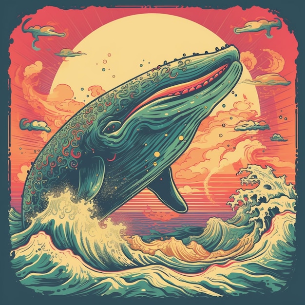 Ilustración de una ballena saltando del océano con una puesta de sol en el fondo ai generativo