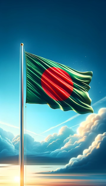 Ilustración de la bandera de Bangladesh volando en un mástil que representa el día de la independencia de Bangladesh