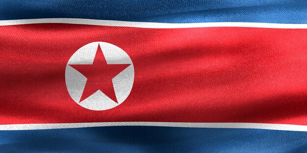 Foto ilustración de una bandera de corea del norte con una bandera de tela realista