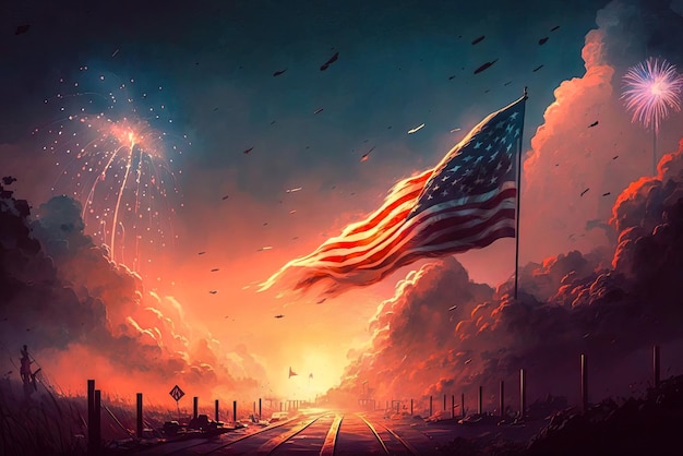 Ilustración de la bandera de estados unidos en el fondo de fuegos artificiales en las nubes para el símbolo del día de la independencia de américa