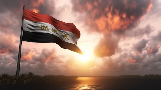 Ilustración de la bandera de Irak ondeando contra el cielo azul Ai generativo