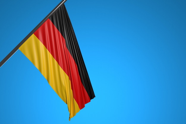 Ilustración de la bandera nacional de Alemania en un asta de bandera de metal ondeando contra el cielo azul