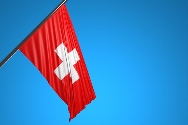 Ilustración de la bandera nacional de Suiza en un asta de bandera de metal ondeando contra el cielo azul