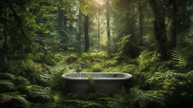 Ilustración de una bañera serena rodeada de naturaleza en un bosque verde exuberante