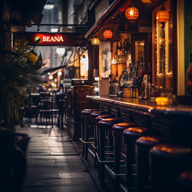 Ilustración de un bar y un restaurante indios en la noche