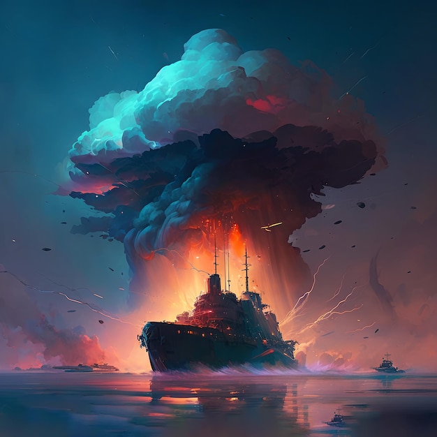 ilustración de un barco explotando en el mar