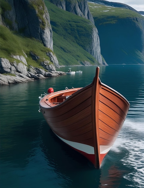 Ilustración de un barco en los fiordos noruegos