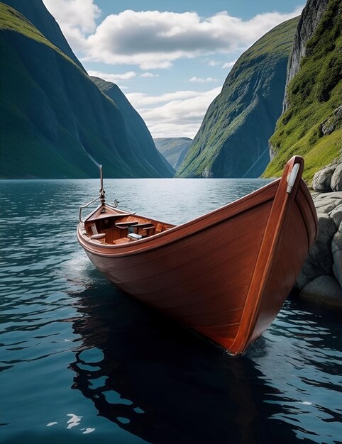 Ilustración de un barco en los fiordos noruegos