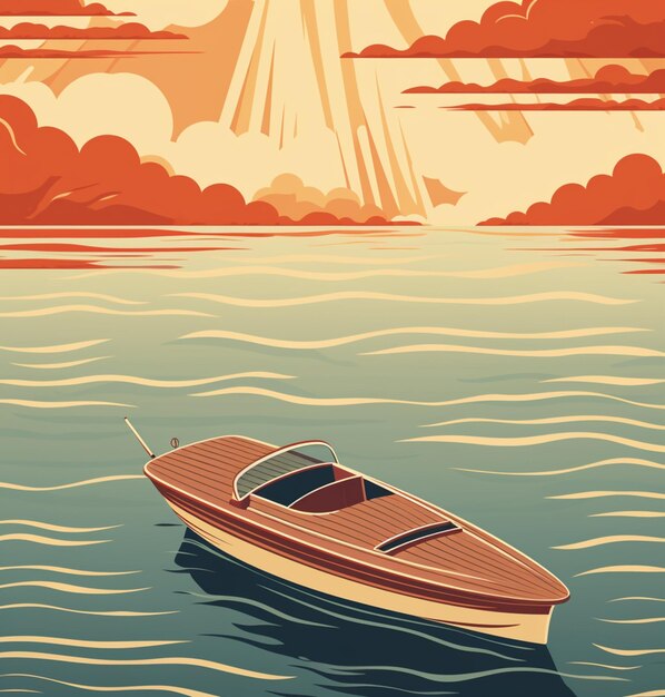 Ilustración de un barco flotando en el agua con un sol en el fondo generativo ai