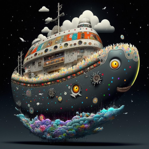 Ilustración de un barco flotante misterioso colorido en el mar