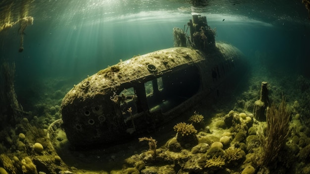 Foto ilustración de un barco hundido en el fondo del océano ai generativo