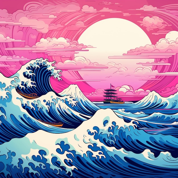 Foto ilustración de un barco navegando en el océano con un cielo rosado generativo ai