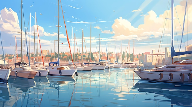 ilustración barco puerto deportivo muelle bajo el sol generativo ai