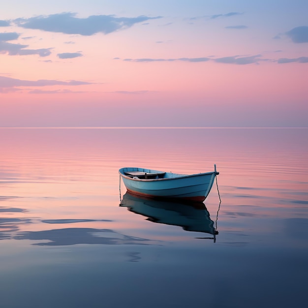Ilustración de un barco solo en un mar tranquilo perfecta luz suave incluso, generativo ai
