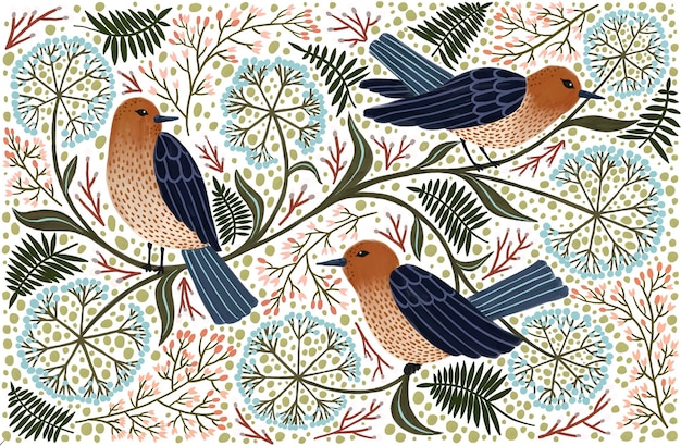 Ilustración de las bayas y ramas de los pájaros