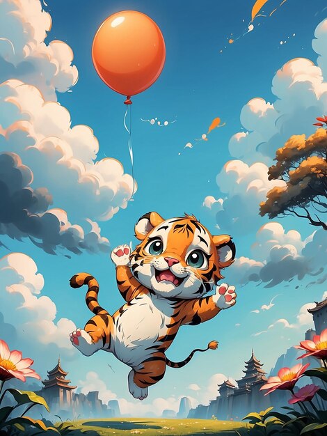 Ilustración de un bebé tigre jugando con un globo