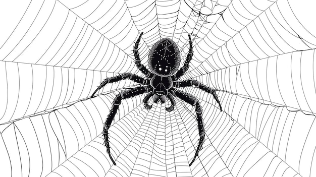 Foto una ilustración en blanco y negro de una araña sentada en el centro de su red