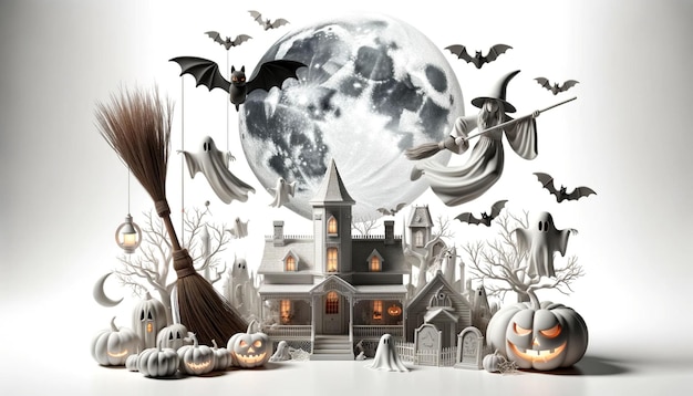 Ilustración en blanco y negro de artículos de Halloween