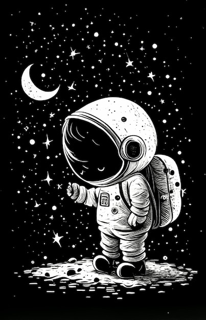 Una ilustración en blanco y negro de un astronauta en una noche iluminada por la luna.