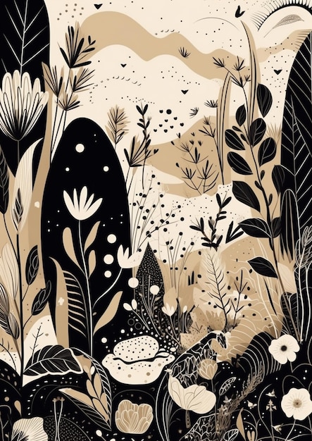 una ilustración en blanco y negro de un bosque con plantas y flores ai generativo