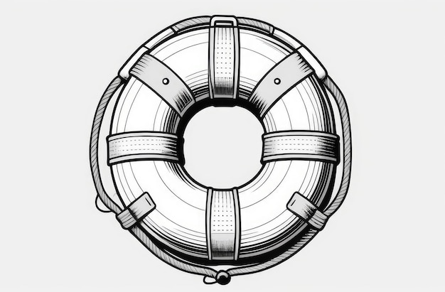 Ilustración en blanco y negro de una boya salvavidas en fondo blanco concepto de navegación salvando a un hombre que se ahoga